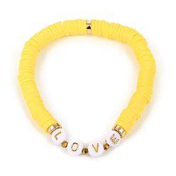 Jaune Bracelets élastiques faits à la main de perles heishi en pâte polymère, pour Saint Valentin, laiton perles d'espacement, des billes de verre et des perles d'acrylique de placage, mot d'amour, jaune, diamètre intérieur: 2-1/8 pouce (5.5 cm)