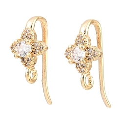 Настоящее золото 18K Крючки для сережек-цветков из латуни с микропаве из прозрачных кубических цирконий, долговечный, без никеля , с петлей, реальный 18 k позолоченный, 16.5x8.5x9 мм, отверстие : 1.4 мм, штифты : 1 мм