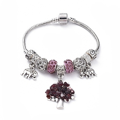 Garnet European Bracelets, with Brass Snake Chains, Polymer Clay Rhinestone European Beads, Natural Garnet Chips, Alloy European Beads & Pendants, Tree of Life & Elephant, with Cardboard Box, 189mm