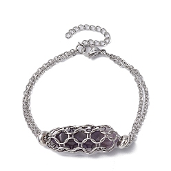 Аметист Браслеты с пулями из натурального аметиста, 304 браслет-мешочек из макраме с цепочками из нержавеющей стали, 7-1/2 дюйм (18.9 см)