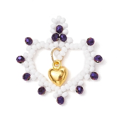 Белый Подвески в форме сердца из стеклянных бусин, с подвеской в виде сердца из золотого сплава, белые, 31x29x4 мм, отверстие : 1.5x2 мм