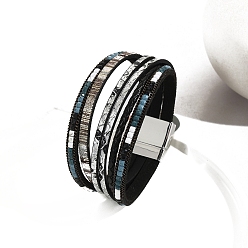 Черный Браслеты из многорядного шнура из искусственной кожи в стиле бохо, из нержавеющей стали магнитные застежки, чёрные, 7-5/8 дюйм (19.5 см)