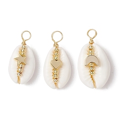 Golden 3Pcs 3 Styles Natural Cowrie Shell Copper Wire Wrapped Pendants, Star & Moon & Heart Brass Charms, Golden, 25.5~28.5x12.5~15.5x9~11.5mm, Hole: 3.5~4.5mm, 1pc/style