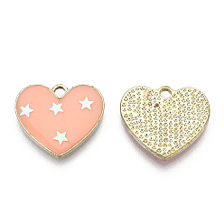Licht Lachs Aluminium Anhänger & Charms, mit Emaille, Herz mit Stern, Licht Gold, Licht Lachs, 15.5x17.5x1.5~2.5 mm, Bohrung: 2 mm