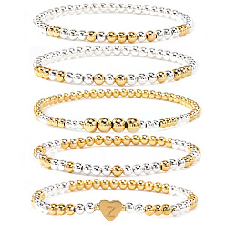 Платиновый & Золотой 5латунные браслеты из эластичной ленты с бусинами для женщин, круг и сердечко с буквой Z, платиной и золотом, 6.89 дюйм (17.5 см)