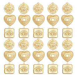 Golden 30Pcs 3 Style Brass Pendants, Flat Round & Heart & Square with Eye, Golden, 15~28x12.5~28x1~2mm, hole: 1.2~1.6mm, 10pcs/style