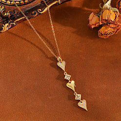 Golden Brass Pave Clear Cubic Zirconia Heart Tassel Long Pendant 304 Stainless Steel Cable Chain Necklaces for Women, Golden, 15.75 inch(40cm), Pendant: 55x9mm