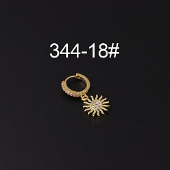 Солнце Серьги-кольца с микропаве из латуни и прозрачным кубическим цирконием для крепления на хрящ, золотые, солнце, 35x9 мм