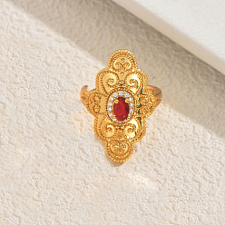 Красный Винтажные геометрические латунные кольца с паве из кубических цирконий для женщин, цветок, красные, 30x18 мм, внутренний диаметр: 16мм~18мм