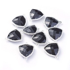 Черный Соединители стеклянные ссылки, с фурнитурой Berzel с открытой спиной из экологически чистого сплава, граненые, треугольные, серебряный цвет гальваническим, чёрные, 24x19x7 мм, отверстие : 1.5 мм