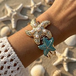 Deep Sky Blue Ocean Alloy Enamel Starfish Hinged Cuff Bangles for Women, with Plastic Pearl, Golden, Deep Sky Blue, Inner Diameter: 2.36 inch(6cm)
