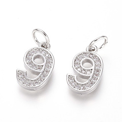 Number Латунные микропаве прозрачные кубические циркониевые подвески, с целью перехода в кольце, число, платина, кол. 9, 12.5x7.5x2 мм, отверстие: 3 мм