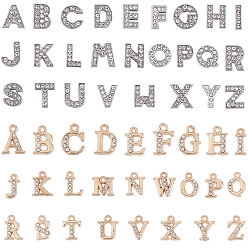 Gemischte Farbe Strass-Anhänger und Schiebeanhänger aus Legierung, Alphabet, Buchstabe a ~ z, Gemischte Farbe, 12.5~13.5x5.5~12x2.5 mm, Bohrung: 1.4 mm, 52 Stück / Set