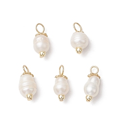 Золотой Подвески из натурального культивированного пресноводного жемчуга и риса, с 304 петлями из нержавеющей стали и гальваническим немагнитным синтетическим гематитом, цветочный белый, золотые, 16.5~17x7.5~8.5 мм, отверстие : 3.5 мм