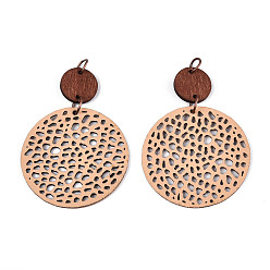 Персиковый Слойка Плоские круглые кожаные подвески, с деревянным и железным кольцом, Красная медь, розовые, 62~64x41x2 мм, отверстие : 5 мм