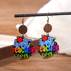 Слово Деревянные серьги-подвески с принтом ко Дню учителя., красочный, слово, 60x45 мм