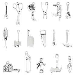 Antique Silver 17Pcs 17 Style Tibetan Style Alloy Pendants Sets, Mixed Household Tools Charms, Antique Silver, 16.5~33x6~22.5x1.5~4mm, Hole: 1~2.5mm, 1pc/style