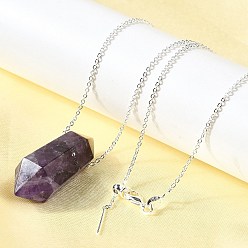 Аметист Натуральный аметист двойной концевой заостренный граненый пуля кулон ожерелья, регулируемые слайдерные латунные кабельные цепочки ожерелья для женщин, серебряные, 17.91 дюйм (45.5 см)