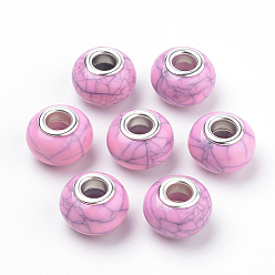 Бледно-Розовый Европейские бусины из искусственной бирюзы из смолы, бусины с большим отверстием, с серебряного цвета латуни двойные сердечники, рондель, розовый жемчуг, 14x9.5 мм, отверстие : 5 мм