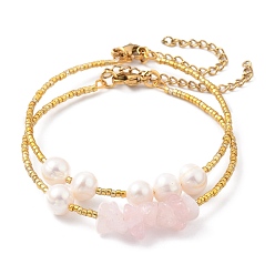 Rose Quartz Plated Glass Bugle Beaded Bracelets Sets, Stackable Bracelets, with Chip Natural Rose Quartz Beads, Natural Pearl Beads and 304 Stainless Steel Lobster Claw Clasps, Golden, Inner Diameter: 2 inch(5.2cm), 2pcs/Set