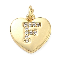 Letter F Латунные микропаве прозрачные подвески с фианитом, сердце прелести, без кадмия и без свинца, стойки покрытие, долговечный, реальный 18 k позолоченный, Буква F, 15x15x2 мм, отверстие : 3 мм