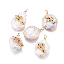 Scorpio Natural Cultured Freshwater Pearl Pendants, with Brass Micro Pave Cubic Zirconia Findings, Nuggets with Constellation, Golden, Colorful, Scorpio, 17~22x11~16x5~11mm, Hole: 1.6mm
