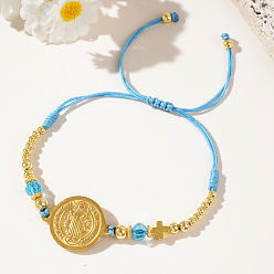 Небесно-голубой Регулируемые браслеты из латуни, плетеные браслеты из волоконного шнура для женщин, плоские круглые с святым Бенедиктом, голубой, 11.02 дюйм (28 см)