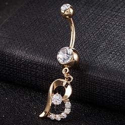 Transparent Piercing-Schmuck, Messing Zirkonia Nabel Ring, Bauchringe, mit 304 Edelstahlleiste, cadmiumfrei und bleifrei, echt 18 k vergoldet, Herz, Transparent, 43x9 mm, Stangenlänge: 3/8"(10mm), Stange: 14 Spurweite(1.6mm)