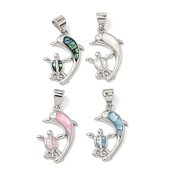 Платина Латунь эмаль подвески, с естественной оболочке, подвески в виде дельфина и черепахи, долговечный, стойки покрытие, без свинца и без кадмия, платина, 19x13x3 мм, отверстие : 4.5x3.5 мм