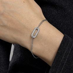 Серебро Латунные кабельные цепи браслеты, прямоугольные браслеты с подвесками для женщин, с кубического циркония, серебряные, внутренний диаметр: 6-1/8 дюйм (15.5 см)