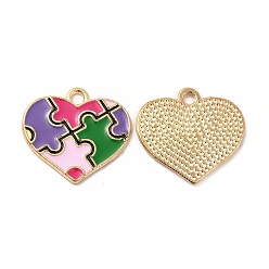 Colorful Alloy Enamel Pendants, Heart with Autism Puzzle Pattern Charm, Golden, Colorful, 19x20.5x1mm, Hole: 2mm