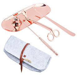 Розовое Золото Набор инструментов для изготовления железных свечей, с фитилем ножницами, фитиль крюк, вытяжной колпак и лоток, с фетровыми складными мешками для хранения, розовое золото , ножницы для фитиля: 180x56x40 мм, крючок для фитиля: 200x17x1 мм, вытяжной колпак: 230x39 мм, лоток : 230x94x9 мм