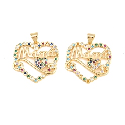 Real 18K Gold Plated Brass Micro Pave Cubic Zirconia Pendants, Cadmium Free & Lead Free, Rack Plating, Long-Lasting Plated, Leaf with Word Mama Charms, Mother's Day, Real 18K Gold Plated, 23x25.5x3.5mm, Hole: 3x5mm