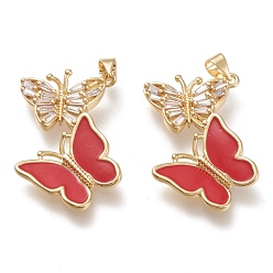 Красный Латунные микро проложить кубического циркония подвески, с эмалью, реальный 18 k позолоченный, двойная бабочка, красные, 29x30x3 мм, отверстие : 3.5x5 мм
