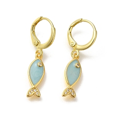 Настоящее золото 18K Серьги-кольца из латуни с прозрачным кубическим цирконием, рыба, реальный 18 k позолоченный, 30.5 мм, подвески: 17x6x2.5 мм