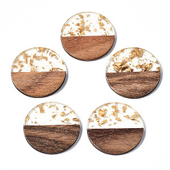 Clear Transparent Resin & Walnut Wood Pendants, with Gold Foil, Two Tone, Flat Round, Clear, 38.5x3.5mm, Hole: 2mm