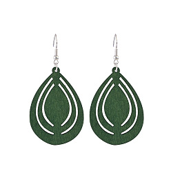 Темно-Зеленый Серьги-подвески в форме капли из полого дерева, платина, темно-зеленый, 80x40 мм