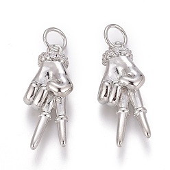 Платина Кулоны из латуни с микропейвом и прозрачным кубическим цирконием, талисманы руки мира, долговечный, с прыжковых колец, да кулоны с жестами, платина, 21x9x5.5 мм, отверстие : 3 мм, Перейти кольцо: 5x1 мм