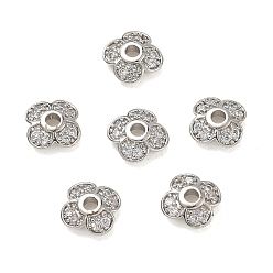 Platinum Brass Micro Pave Cubic Zirconia Bead Caps, Flower, Rack Plating, Long-Lasting Plated, Cadmium Free & Lead Free, Platinum, 8.2x8.2x2.6mm, Hole: 1.8mm