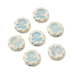 Flat Round Painted Opaque Acrylic Beads, Cameo Beads, Sky Blue, Flat Round with Sunflower, 18x5mm, Hole: 1.9mm