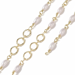 Golden Rack Plating Brass Oval Link Chains, with Plastic Pearl Oval Beaded, Unwelded, with Card Paper, Golden, 14.5~15x3x3mm, 7x5x0.5mm