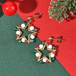 Golden Brass Glass Stud Dangle Earrings, Star, Golden, 29x22.5mm
