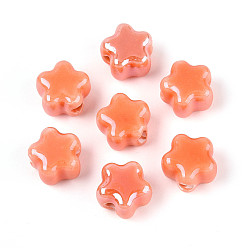 Коралловый Фарфоровая бусина ручной работы, цветка сливы, яркие глазированный фарфор, коралл, 10.5~11x11~11.5x7.5~8 мм, отверстие : 2~2.5 мм