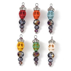 Mixed Color Dyed Synthetic Turquoise and Glass Beaded Pendants, Halloween Skull Charms, Stainless Steel Color, Mixed Color, 35x8x10mm, Hole: 1.8mm
