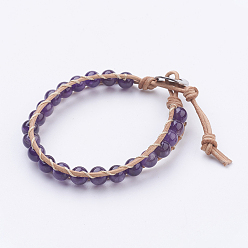 Аметист Коровьей кожаные браслеты шнура, с аметистными бусинами и 304 кнопками для стирки из нержавеющей стали, с мешковинами для мешков с мешковиной, 8-5/8 дюйм ~ 9 дюйм (220~230 мм)