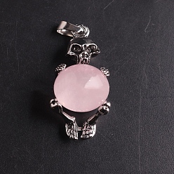 Rose Quartz Natural Rose Quartz Sphere Ball Pendants, Halloween Skeleton Metal Charms, Platinum, 16mm