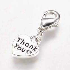Antique Silver Alloy Pendant, with Brass Lobster Claw Clasps, Heart with Word Thank You, Antique Silver, 26mm
