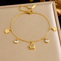 Цветок 304 Браслеты из нержавеющей стали с микропаве из прозрачных кубических цирконий, браслеты-цепочки для женщин, золотые, цветок, 6.97 дюйм (17.7 см)