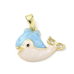Whale Латунь микропаве фианиты с подвесками из эмали, реальный 18 k позолоченный, кит, 14x19x4 мм, отверстие : 2.5 мм