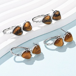 Тигровый глаз Серьги-гвоздики в форме сердца из натурального тигрового глаза ко Дню святого Валентина, с латунными застежками для сережек с гальваническим покрытием, платина, 26x10 мм